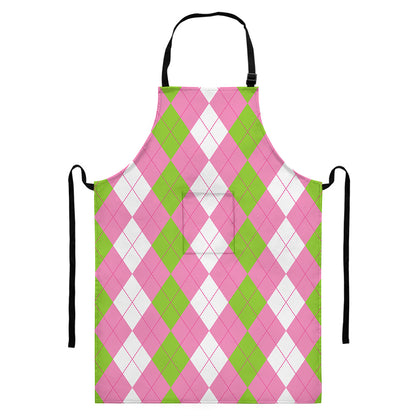 Green Pink And White Argyle Print Bib Apron With Pocket
