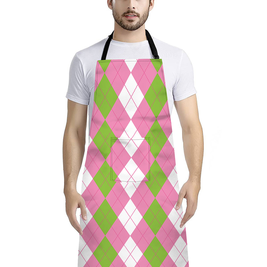Green Pink And White Argyle Print Bib Apron With Pocket