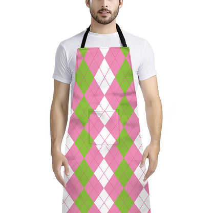 Green Pink And White Argyle Print Bib Apron With Pocket