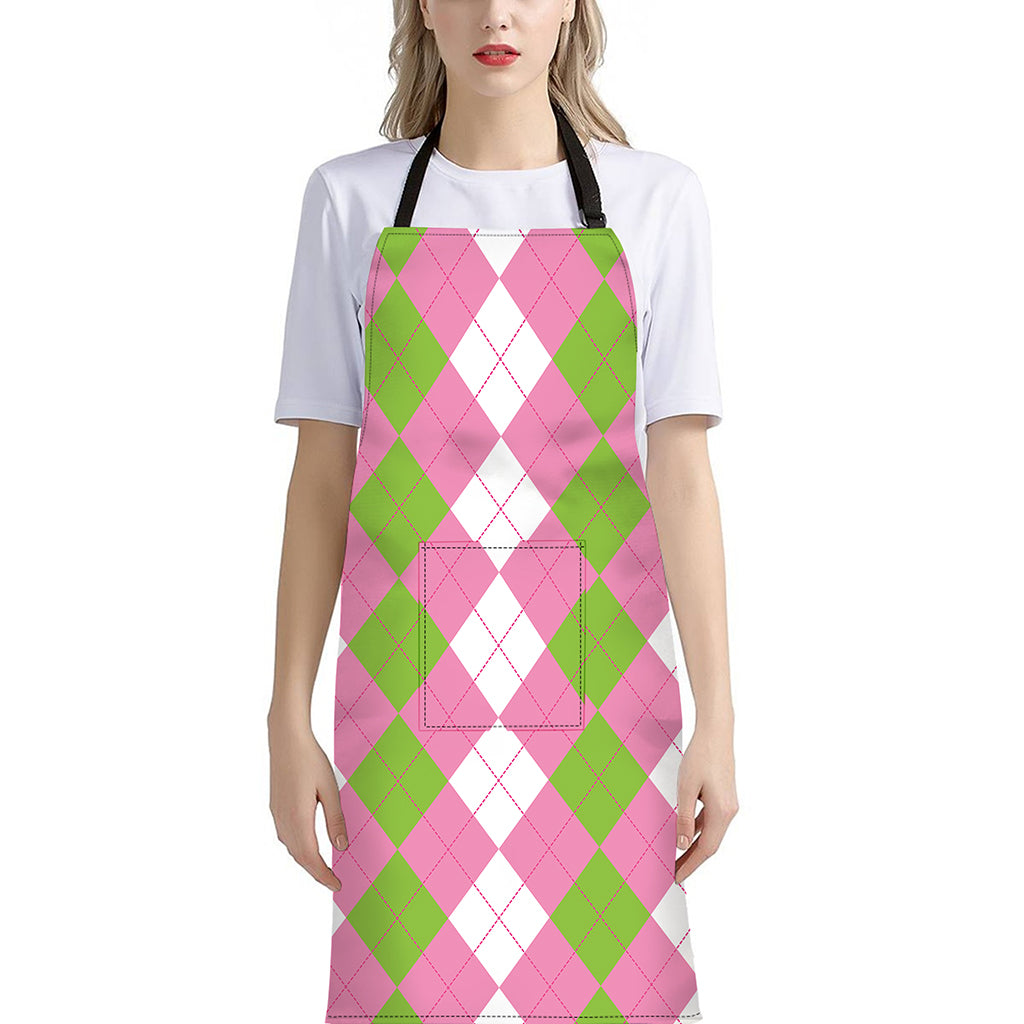 Green Pink And White Argyle Print Bib Apron With Pocket
