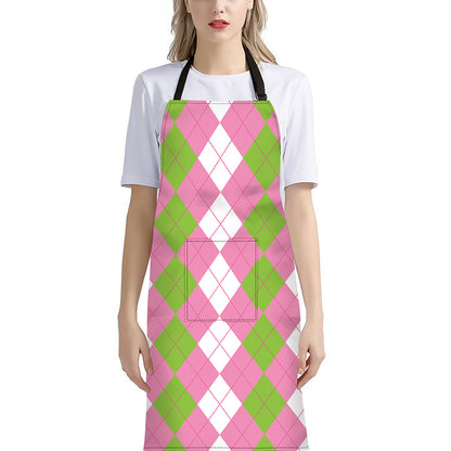 Green Pink And White Argyle Print Bib Apron With Pocket