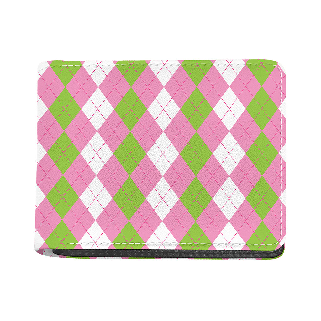 Green Pink And White Argyle Print Bifold Wallet