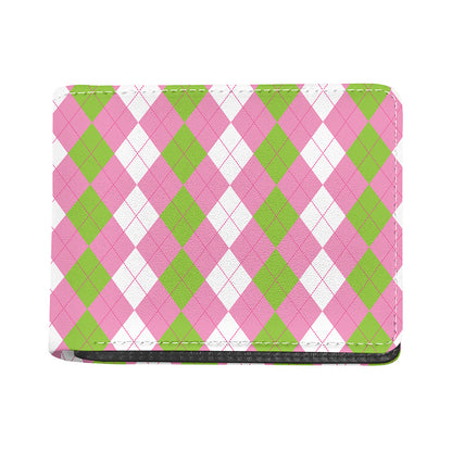 Green Pink And White Argyle Print Bifold Wallet