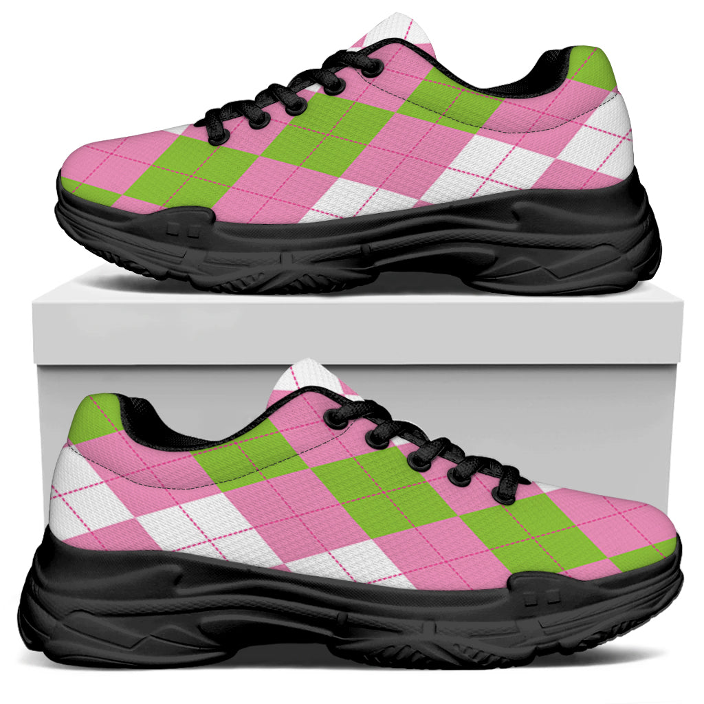 Green Pink And White Argyle Print Black Chunky Shoes