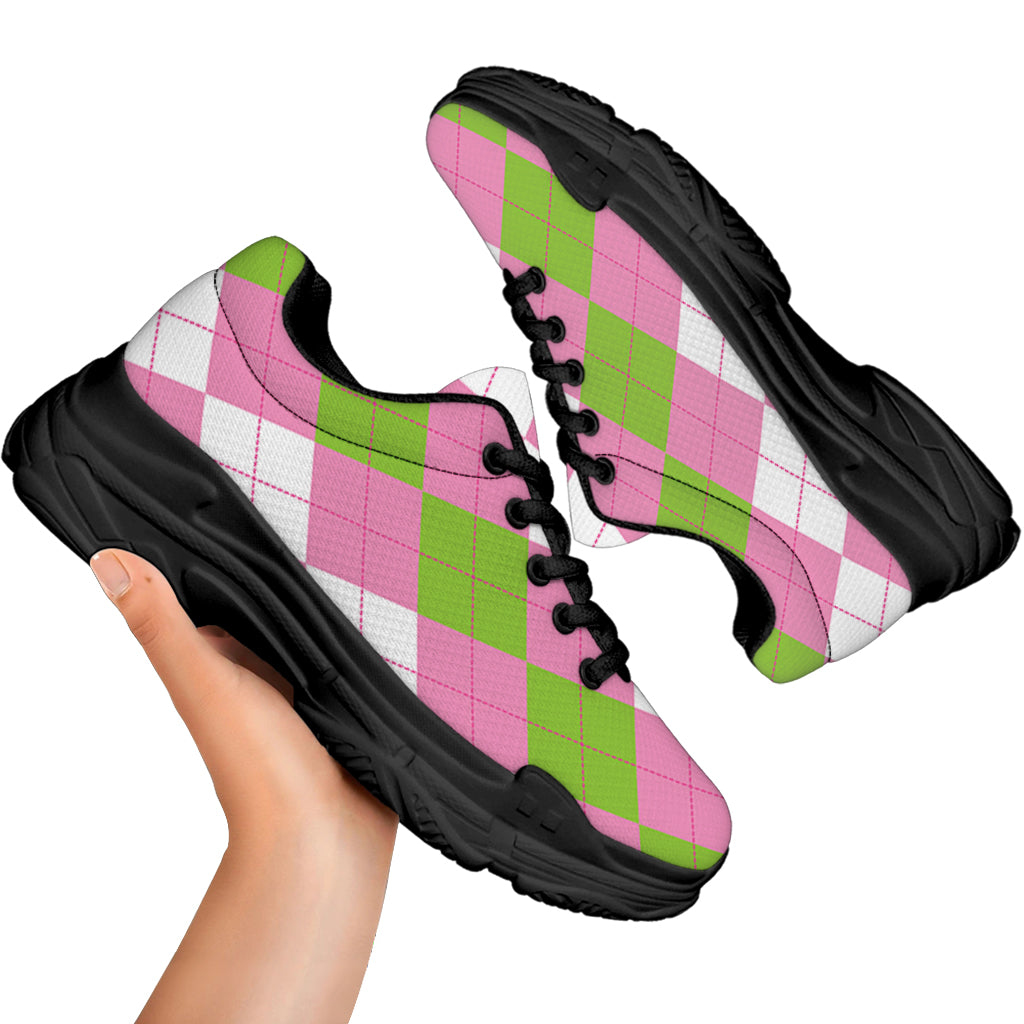 Green Pink And White Argyle Print Black Chunky Shoes