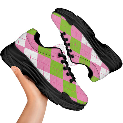 Green Pink And White Argyle Print Black Chunky Shoes
