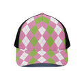 Green Pink And White Argyle Print Black Mesh Trucker Hat