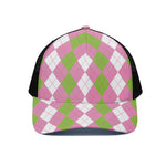 Green Pink And White Argyle Print Black Mesh Trucker Cap