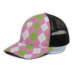 Green Pink And White Argyle Print Black Mesh Trucker Cap