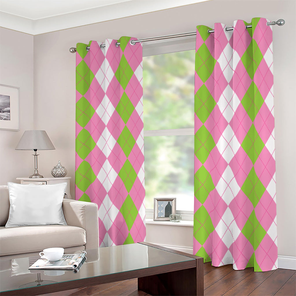 Green Pink And White Argyle Print Blackout Grommet Curtains