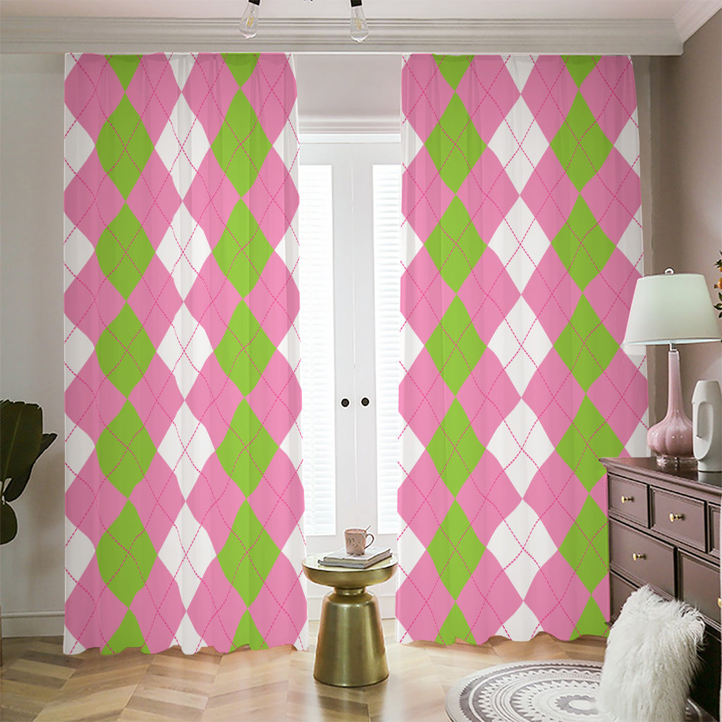 Green Pink And White Argyle Print Blackout Pencil Pleat Curtains