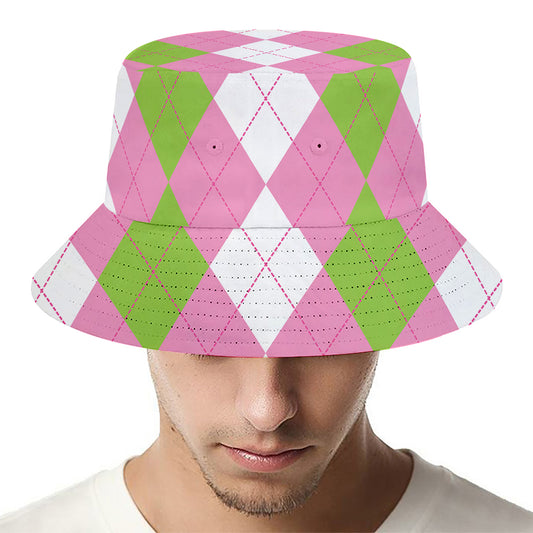 Green Pink And White Argyle Print Bucket Hat