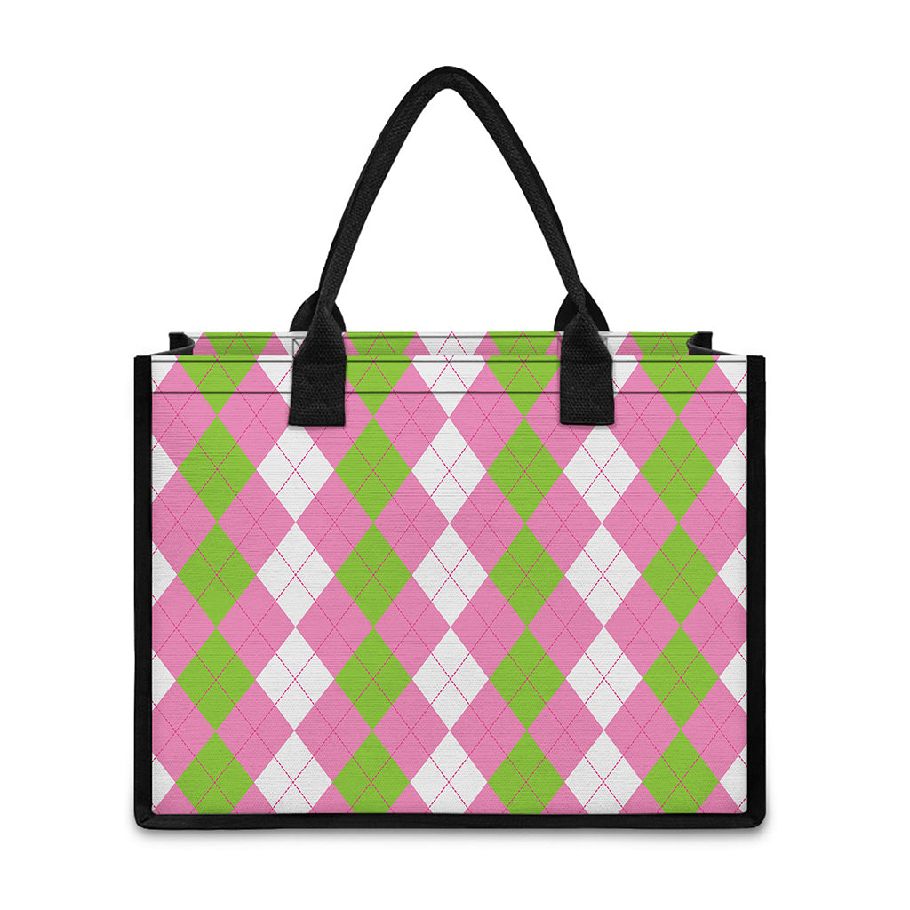 Green Pink And White Argyle Print Canvas Tote Bag