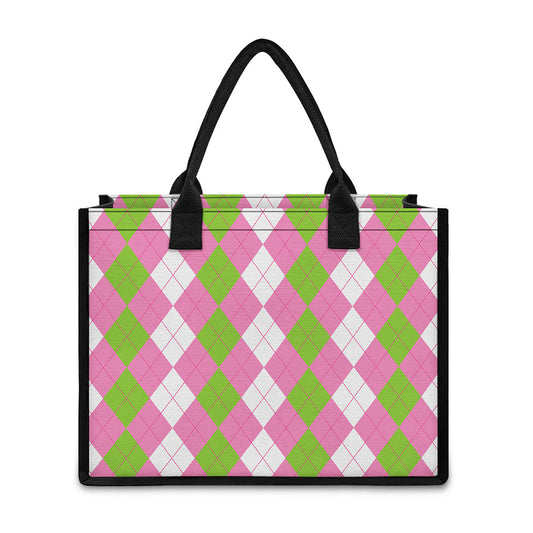 Green Pink And White Argyle Print Canvas Tote Bag