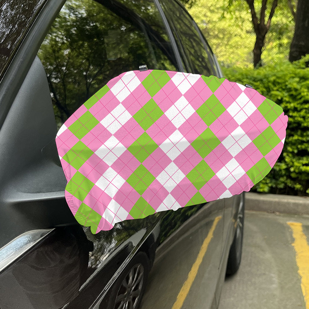 Green Pink And White Argyle Print Car Side Mirror Covers