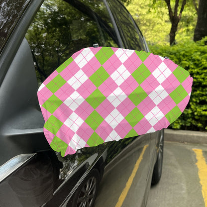 Green Pink And White Argyle Print Car Side Mirror Covers