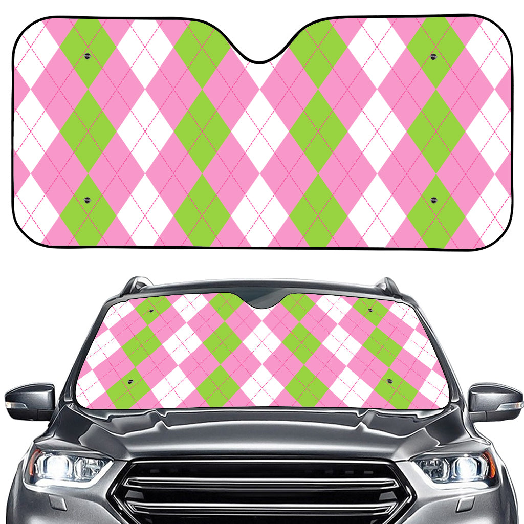 Green Pink And White Argyle Print Car Windshield Sun Shade