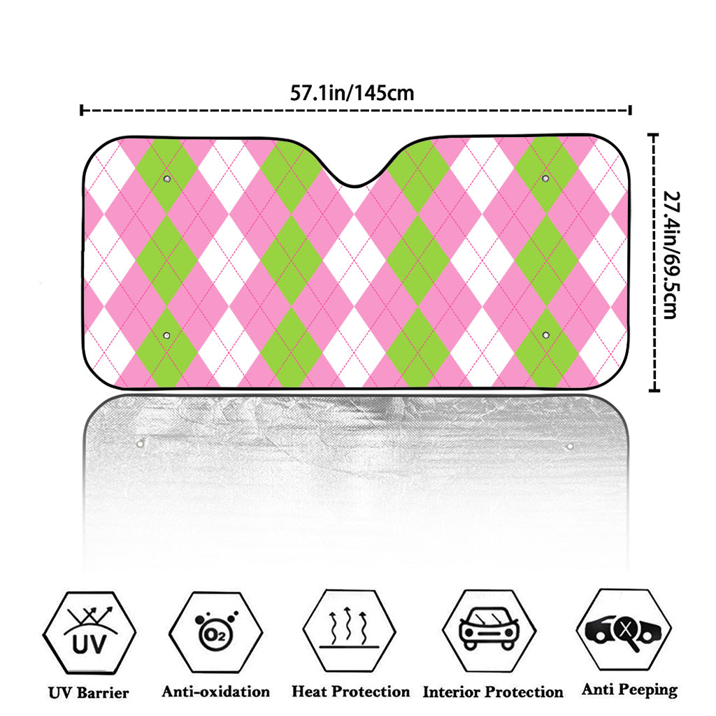 Green Pink And White Argyle Print Car Windshield Sun Shade