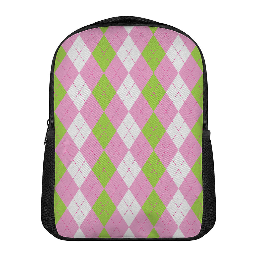Green Pink And White Argyle Print Casual Backpack