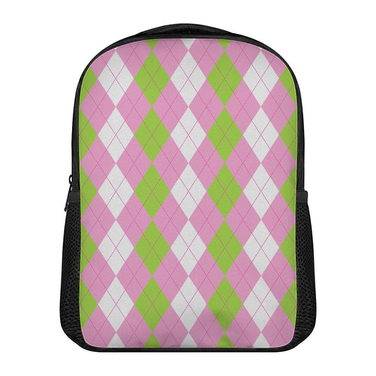Green Pink And White Argyle Print Casual Backpack