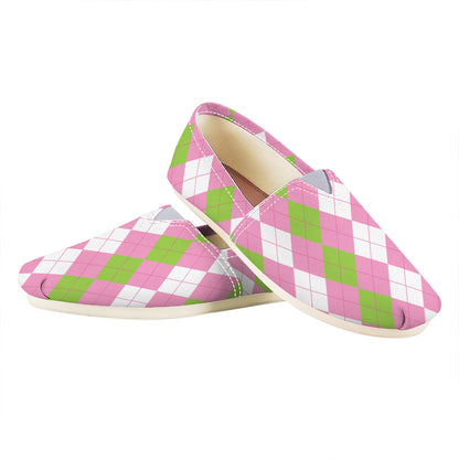 Green Pink And White Argyle Print Casual Shoes