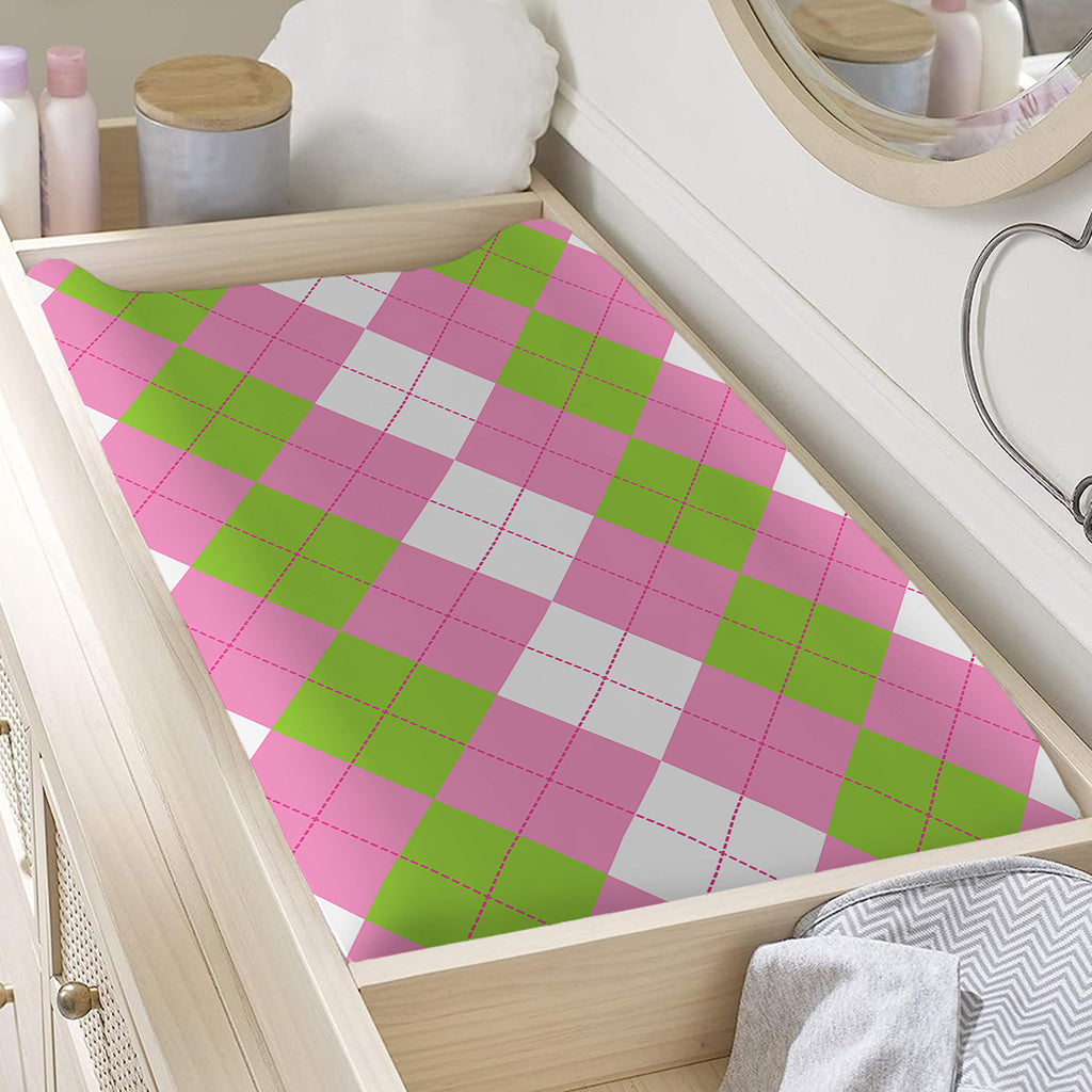 Green Pink And White Argyle Print Changing Pad Cover