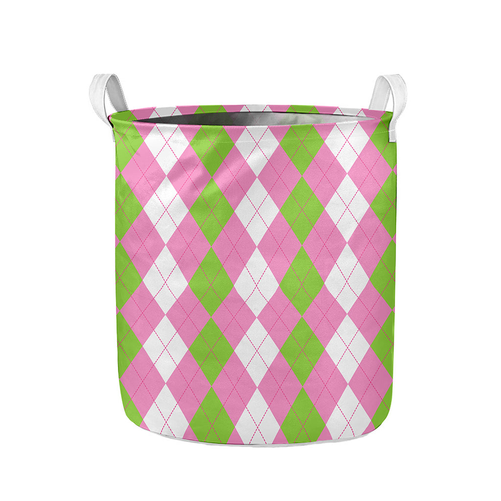 Green Pink And White Argyle Print Collapsible Laundry Basket