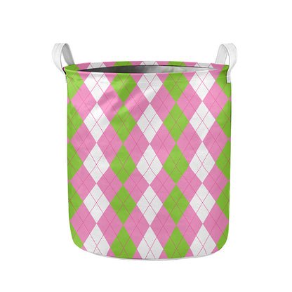 Green Pink And White Argyle Print Collapsible Laundry Basket
