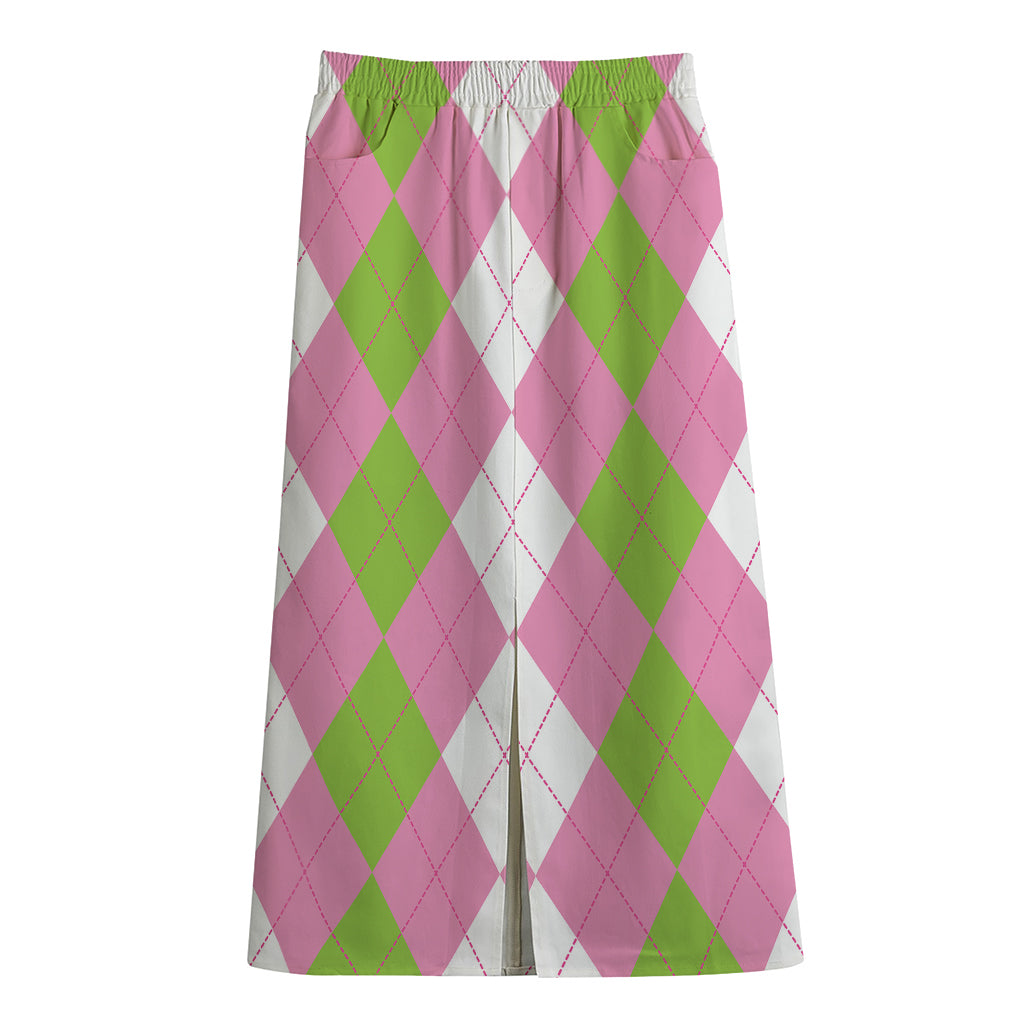 Green Pink And White Argyle Print Cotton Front Slit Maxi Skirt
