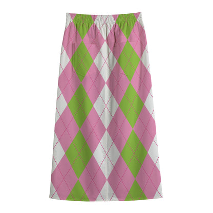 Green Pink And White Argyle Print Cotton Front Slit Maxi Skirt