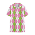 Green Pink And White Argyle Print Cotton Hawaiian Shirt