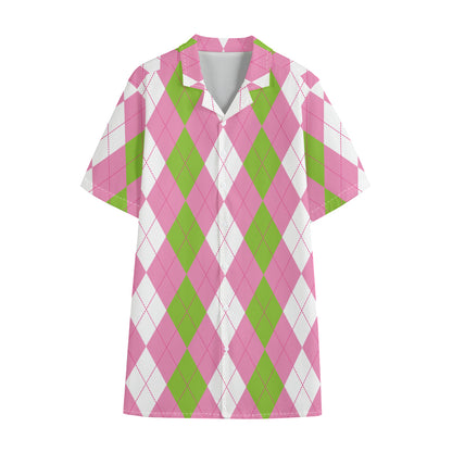 Green Pink And White Argyle Print Cotton Hawaiian Shirt