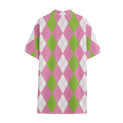 Green Pink And White Argyle Print Cotton Hawaiian Shirt