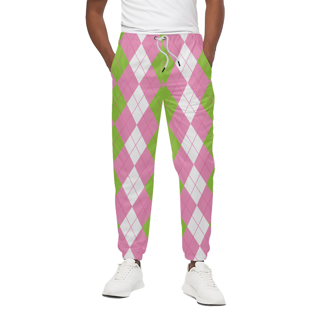 Green Pink And White Argyle Print Cotton Pants