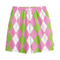 Green Pink And White Argyle Print Cotton Shorts