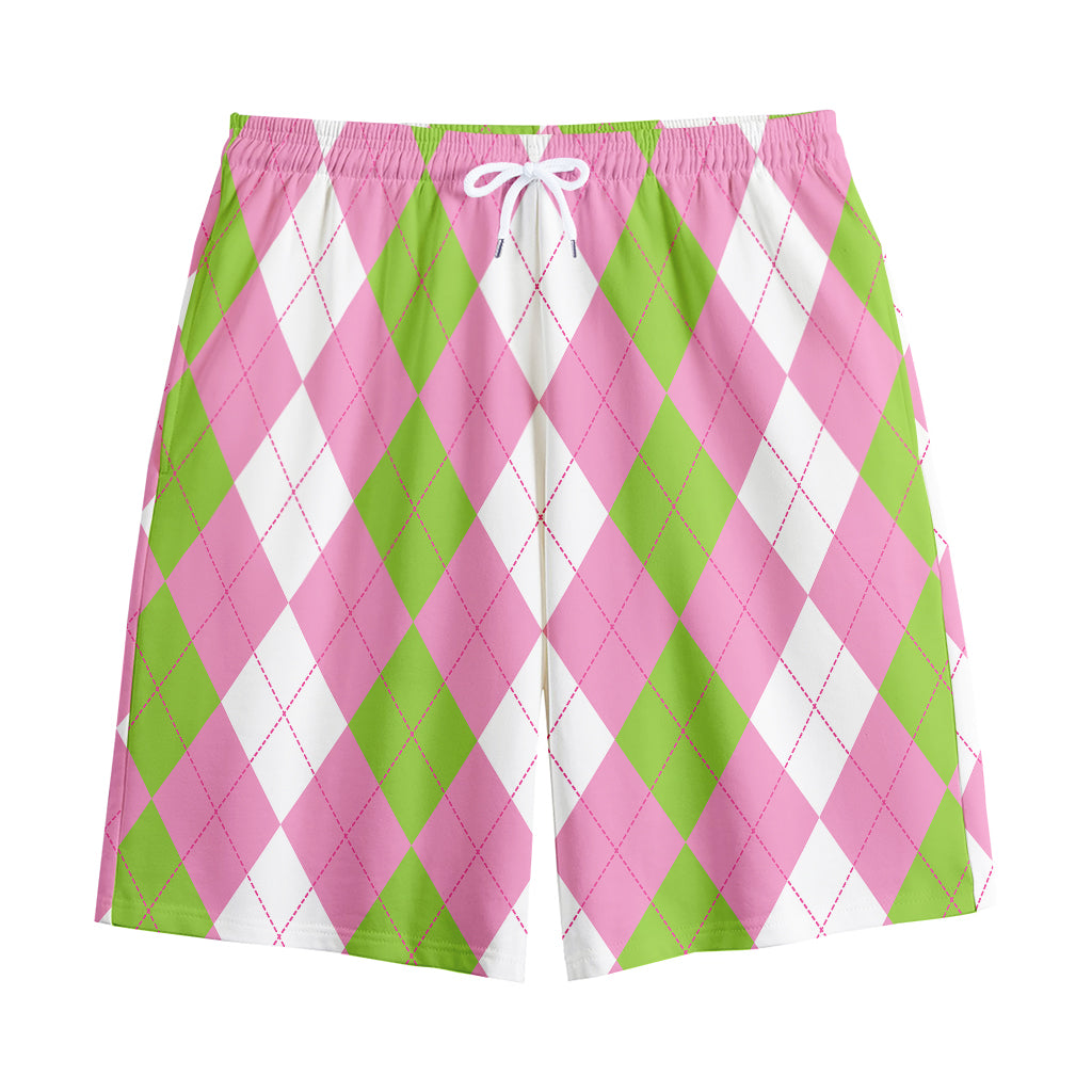 Green Pink And White Argyle Print Cotton Shorts