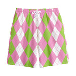 Green Pink And White Argyle Print Cotton Shorts