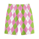 Green Pink And White Argyle Print Cotton Shorts
