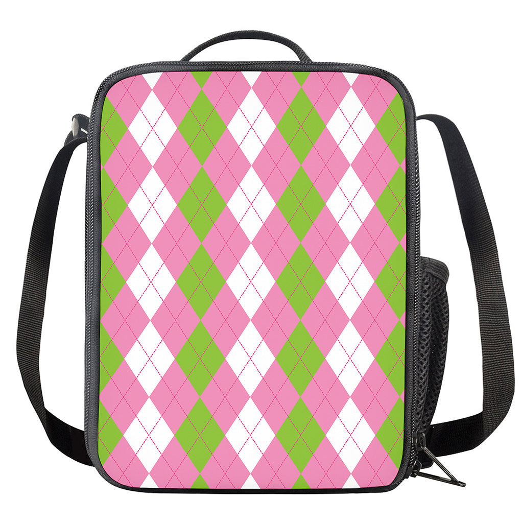 Green Pink And White Argyle Print Crossbody Lunch Bag