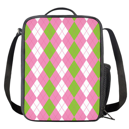 Green Pink And White Argyle Print Crossbody Lunch Bag