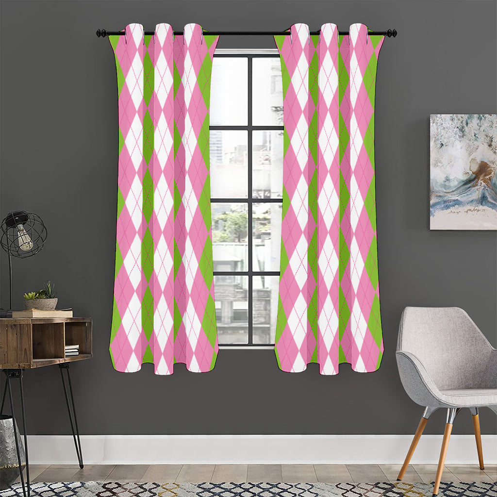 Green Pink And White Argyle Print Curtain
