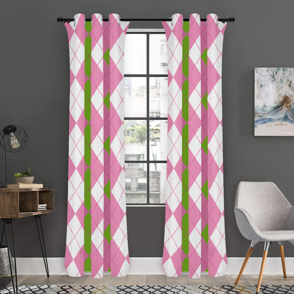 Green Pink And White Argyle Print Curtain