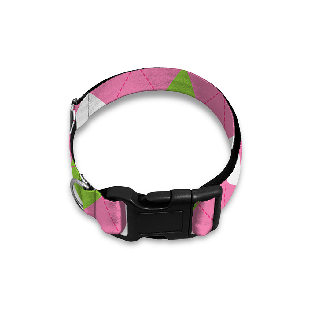 Green Pink And White Argyle Print Dog Collar