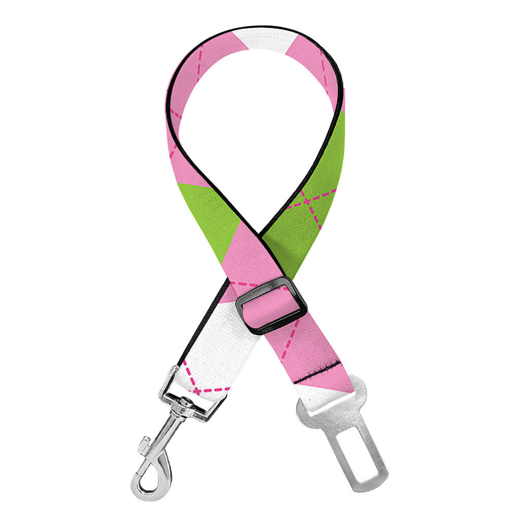 Green Pink And White Argyle Print Dog Seat Belt
