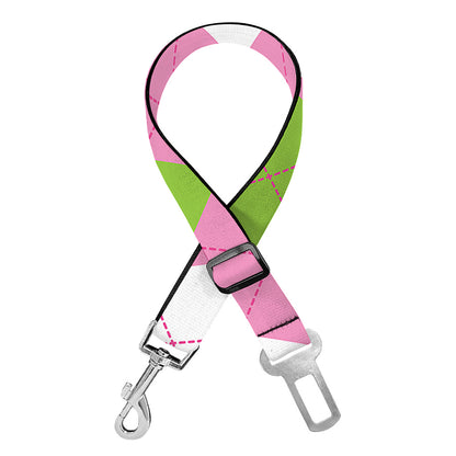 Green Pink And White Argyle Print Dog Seat Belt