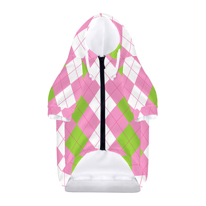 Green Pink And White Argyle Print Dog Zip Up Hoodie