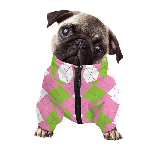 Green Pink And White Argyle Print Dog Zip Up Jacket