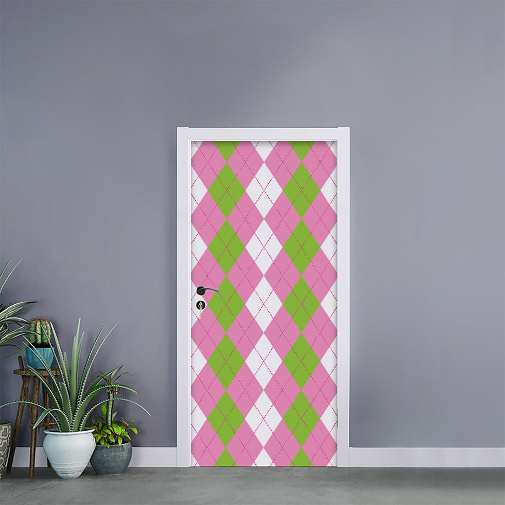 Green Pink And White Argyle Print Door Sticker