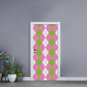 Green Pink And White Argyle Print Door Sticker