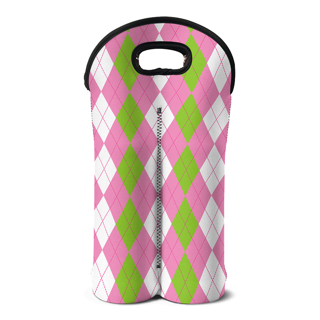 Green Pink And White Argyle Print Double Neoprene Wine Tote